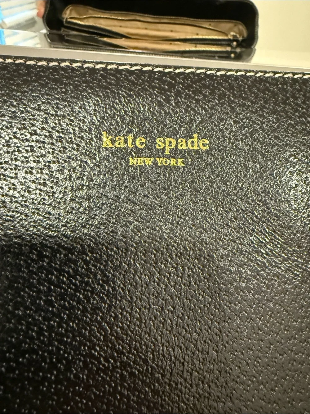 kate spade Black Pebbled Leather Tote with Gold Logo